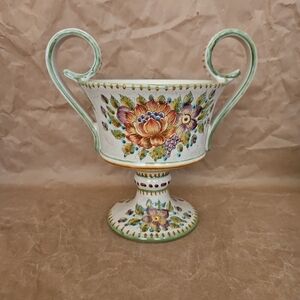 PV Italy Pottery Footed Compote Handles Bowl Colorful Flowers Vintage 8” Tall